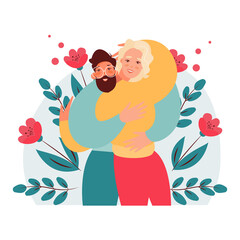 Vector cartoon illustration of Happy meeting of two Friends hugging. Two men happy to each other. Love, relatives, friends.

