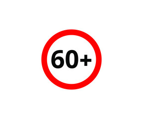 60+ restriction flat sign isolated on white background. 60 plus Age limit symbols