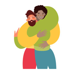 Vector cartoon illustration of Happy meeting of two Friends hugging. Two men happy to each other. Love, relatives, friends.

