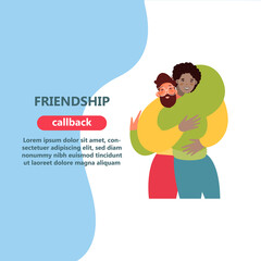 Vector cartoon illustration of Happy meeting of two Friends hugging. Two men happy to each other. Love, relatives, friends.


