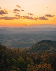 Fototapeta premium A landscape with trees and hills, Blue Ridge Parkway, Fancy Gap, Virginia