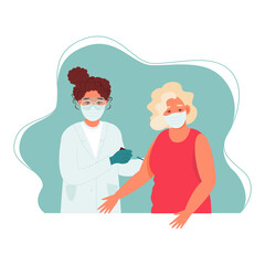 Obraz premium Coronavirus vaccine senior lady. Vaccine elderly. Doctor holds a syringe. Vaccination concept. Vector illustration.