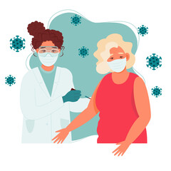 Coronavirus vaccine senior lady. Vaccine elderly. Doctor holds a syringe. Vaccination concept. Vector illustration.

