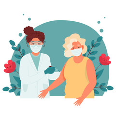Coronavirus vaccine senior lady. Vaccine elderly. Doctor holds a syringe. Vaccination concept. Vector illustration.

