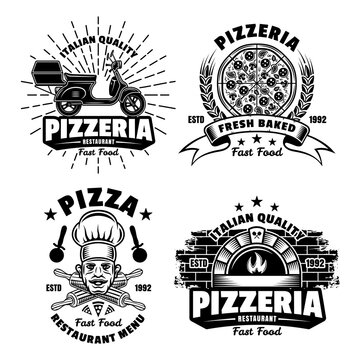 Pizzeria set of vector emblems, badges, labels or logos in vintage monochrome style isolated on white background