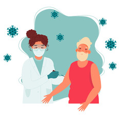 Obraz premium Coronavirus vaccine senior man. Vaccine elderly. Doctor holds a syringe. Vaccination concept. Vector illustration.