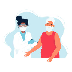 Coronavirus vaccine senior man. Vaccine elderly. Doctor holds a syringe. Vaccination concept. Vector illustration.

