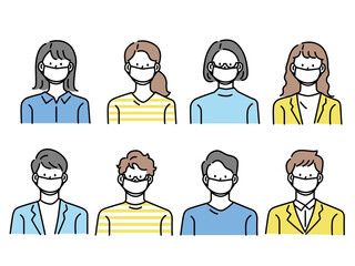 マスクをした人物アイコンイラスト(女性、男性、ファッション、髪型、若者、コロナ、顔パターン、感染予防) Masked person icon illustration. women, men, fashion, hairstyle, young people, corona, face pattern, infection prevention