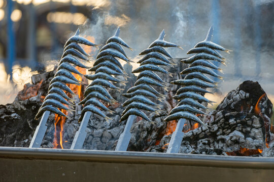 Espetos, dish from Malaga Andalusia Spain. Fish, sardine