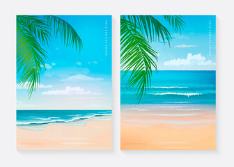 Fototapeta na wymiar Set of vector beautiful realistic illustration of sandy summer beach and palm leaves. Summer holidays banner design template