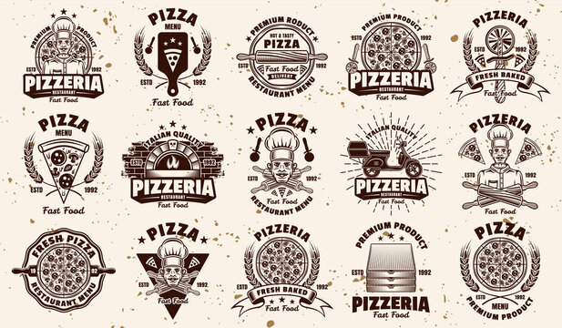 Pizza and pizzeria big set of fifteen vector emblems, badges, labels or logos in vintage style on background with removable grunge textures
