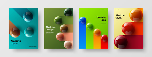 Amazing 3D spheres front page illustration collection. Unique company identity A4 design vector layout set.