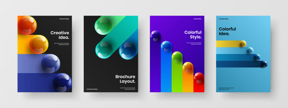 Creative brochure A4 vector design template composition. Amazing realistic balls pamphlet layout set.