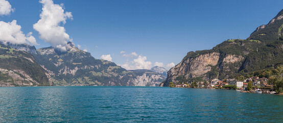 The towns of Flüelen, Altdorf and the Lake Lucerne with Swiss alps also know as the Vierwaldstättersee region.
