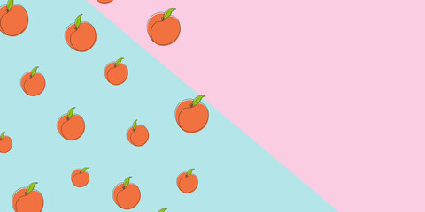 Peaches on pink and blue background. Space for text. Vector illustration.