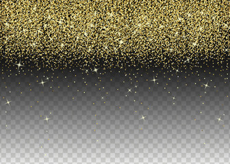 Gold glitter on transparent background. Vector shimmering border. Design element for cards, invitations, posters and banners 