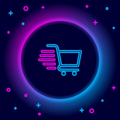 Glowing neon line Shopping cart icon isolated on black background. Online buying concept. Delivery service sign. Supermarket basket symbol. Colorful outline concept. Vector