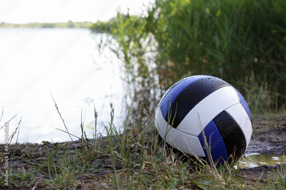 Wall mural Leather ball close-up on the shore of a forest lake near water at summer day, outdoor sports games active recreation