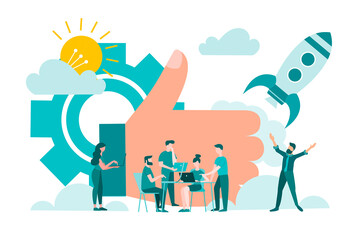 Successful startup. Teamwork brainstorming. Taking off rocket.