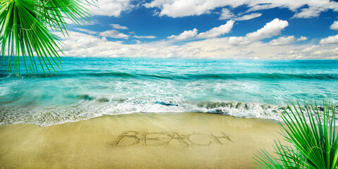 Paradise summer holiday on tropical island resort with sandy beach, palm tree and blue sea. Sea shore panorama. Summer vacation banner background.