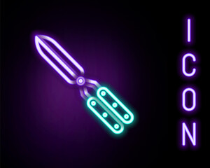 Obraz premium Glowing neon line Gardening handmade scissors for trimming icon isolated on black background. Pruning shears with wooden handles. Colorful outline concept. Vector