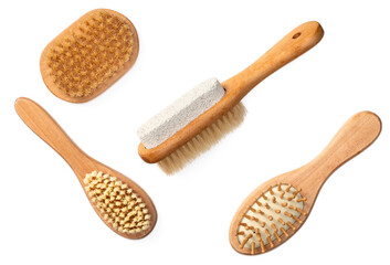 hair brushes and Pumice foot stone, isolated on white, top view