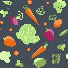vector seamless pattern with vegetables on a dark background. Suitable for flyers, advertisements, social media posts.