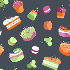 vector seamless pattern with  cakes and muffins on a dark background. Suitable for flyers, advertisements, social media posts.