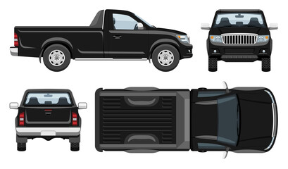 Black pickup truck vector template with simple colors without gradients and effects. View from side, front, back, and top © Yuri Schmidt