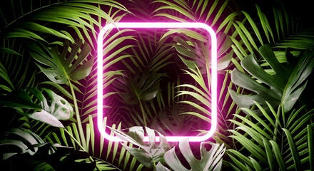 Neon frame template among tropical jungle foliage. 3D render. 3D illustration. - obrazy, fototapety, plakaty