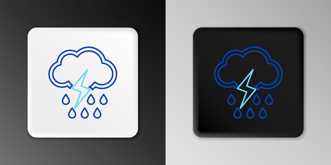 Line Cloud with rain and lightning icon isolated on grey background. Rain cloud precipitation with rain drops.Weather icon of storm. Colorful outline concept. Vector