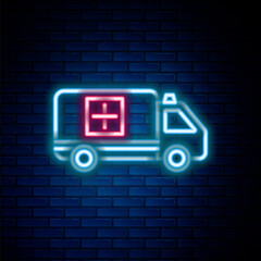 Glowing neon line Ambulance and emergency car icon isolated on brick wall background. Ambulance vehicle medical evacuation. Colorful outline concept. Vector