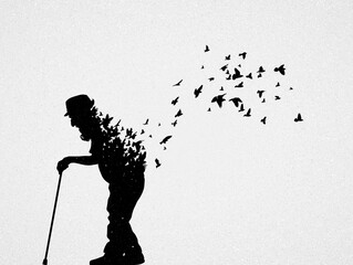 Old man with cane. Death and afterlife. Birds fly. Abstract silhouette