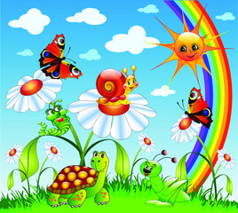 Children's illustration of bright animals and insects in a meadow with flowers and a rainbow