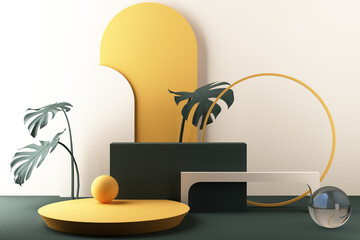 Minimal abstract geometric background with direct sunlight in shades of green and yellow. Showcase scene with empty podium for product presentation 3d rendering