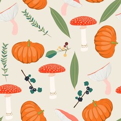 Seamless autumn pattern with leaves, berries, pumpkin, mushrooms and branches.
