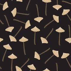 Cotton fabric Mushrooms seamless pattern. Hand-drawn illustration. Design for natural products, paper, packaging, wallpaper, fabric, textile. Black background.