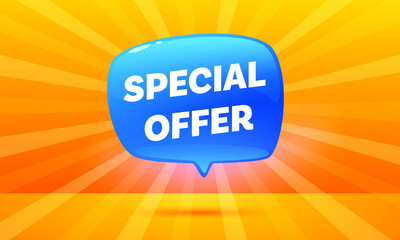 Blue discount bubble speech shape banner on a sunny background. Special offer badge. Sale coupon bubble icon. Shiny modern design. Sale tag, banner design template, app icon, vector illustration