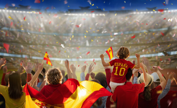 Spain football team supporter on stadium.