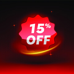 Shiny 15% off discount promotion badge, clearance sale sticker emblem, bargain red sign rosette design on red background. Sale tag vector for labels, stickers, banners or web stickers