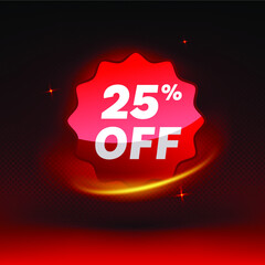 Shiny 25% off discount promotion badge, clearance sale sticker emblem, bargain red sign rosette design on red background. Sale tag vector for labels, stickers, banners or web stickers