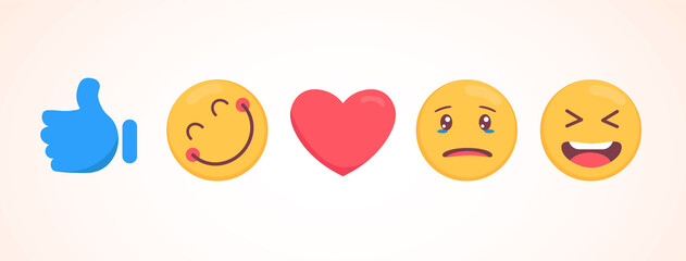 Vector emoji collection with different reactions for social media. Cute flat face isolated on white background. Modern emoticons