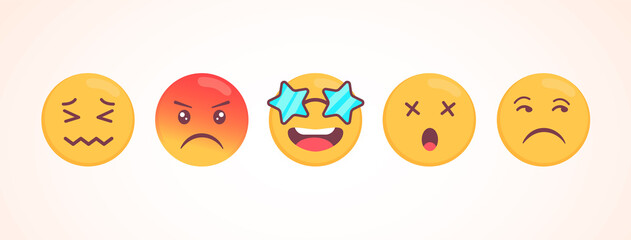 Vector emoji collection with different reactions for social media. Cute flat face isolated on white background. Modern emoticons