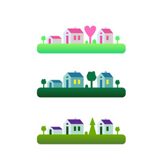 An set isolated element, landscape with small houses, on grass, nature, hills and trees. Vector illustration in flat style for design, games or web sites.
