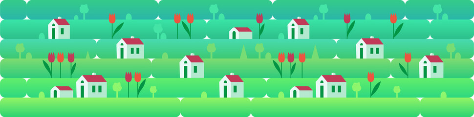 Banner a sammer or spring day landscape with small houses and red tulips, against a background of grass, nature, hills. Vector illustration in flat style for design, games or web sites.