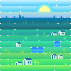 Landscape of countryside and nature. Houses, green grass, blue sky and lakes. Vector illustration in flat and gradient style.