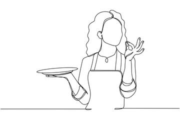 Continuous one line of cute woman housewife hold empty plate making okay taste delight sign keeping in silhouette on a white background. Linear stylized.Minimalist.