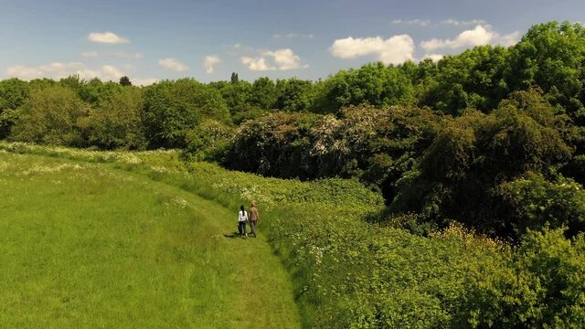 Rise up footage on couple walking on path mowed in high grass on meadow. Back view of pair enjoying leisure time