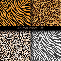 Vector illustration set of four different seamless animal patterns. Safari textile concept. Tiger, zebra, leopard and jaguar skin seamless patterns in flat style for your design
