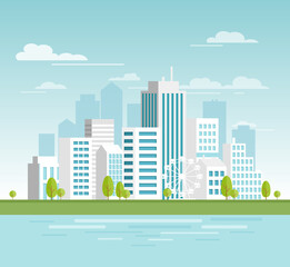 Vector illustration of modern urban cityscape with white skyscrapers, eco city with big modern buildings for your design, banners. City in flat cartoon style